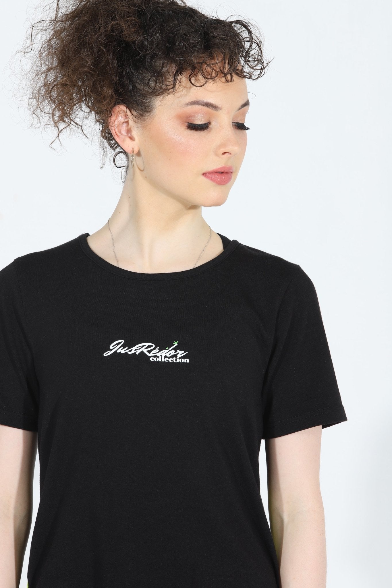 Close Up of Black Essential Bamboo Tee JusRedor Collection